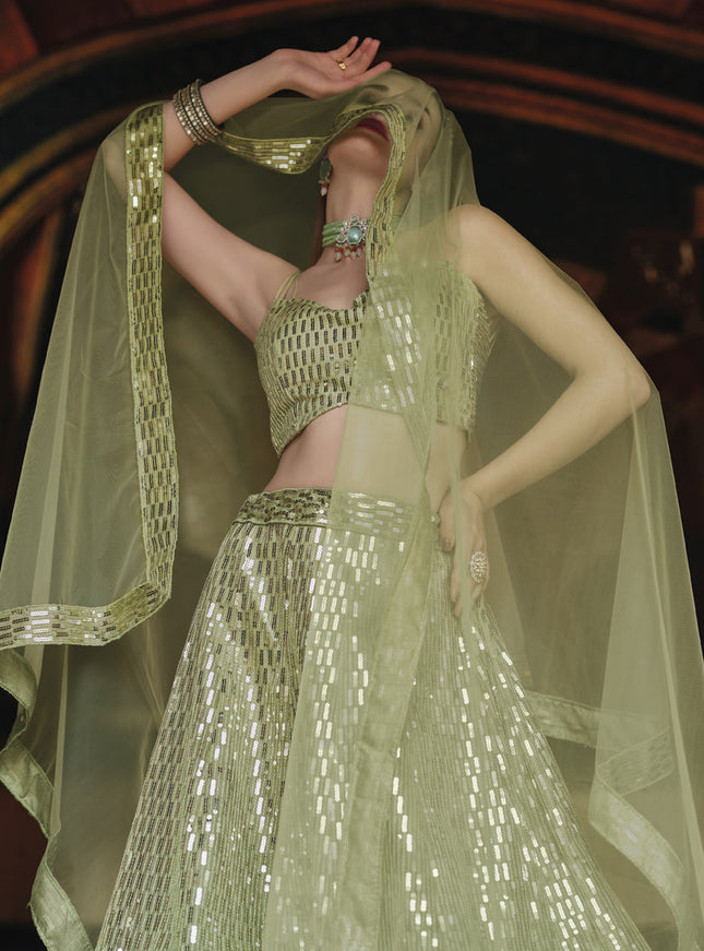 Amazing Sage Green Net Sequins Designer Lehenga Choli