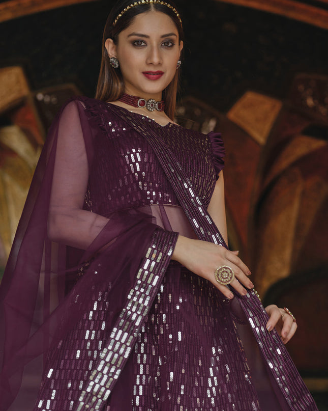 Attractive Burgundy Net Sequins Designer Lehenga Choli