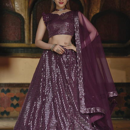 Attractive Burgundy Net Sequins Designer Lehenga Choli