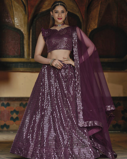 Attractive Burgundy Net Sequins Designer Lehenga Choli