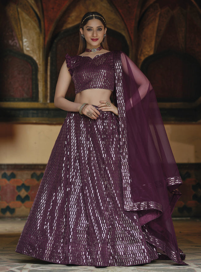 Attractive Burgundy Net Sequins Designer Lehenga Choli