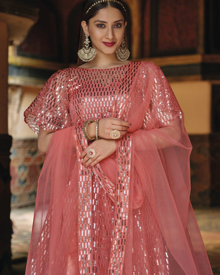 Beautiful Coral Pink Net Sequins Designer Lehenga Choli