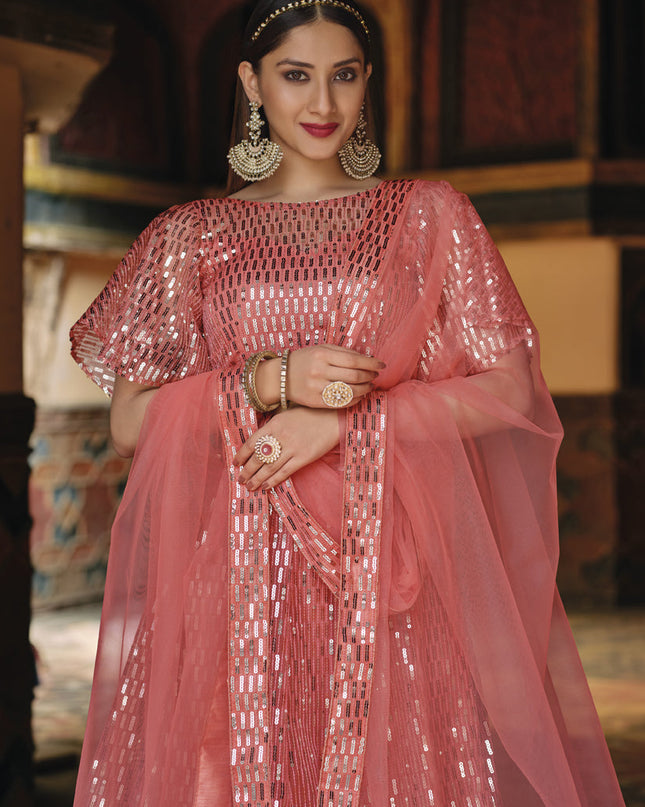 Beautiful Coral Pink Net Sequins Designer Lehenga Choli