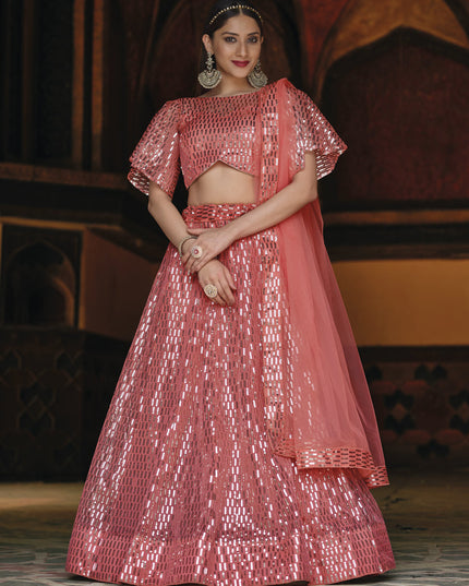 Beautiful Coral Pink Net Sequins Designer Lehenga Choli