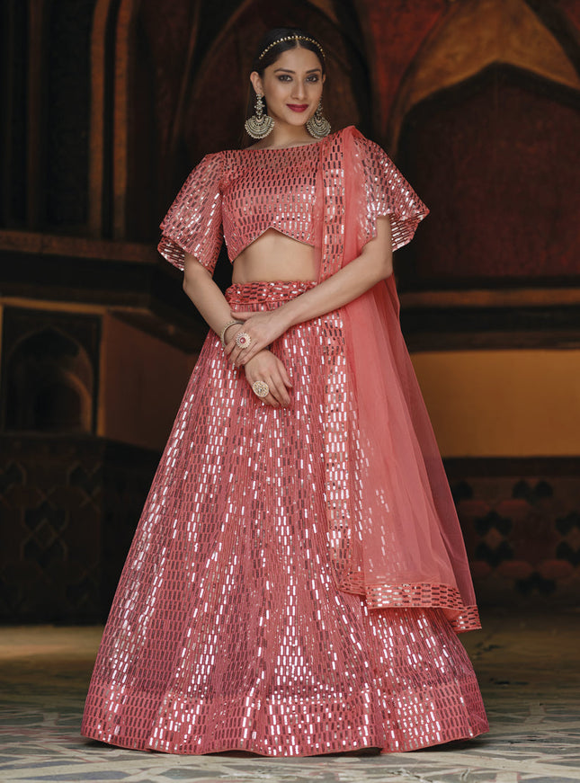 Beautiful Coral Pink Net Sequins Designer Lehenga Choli
