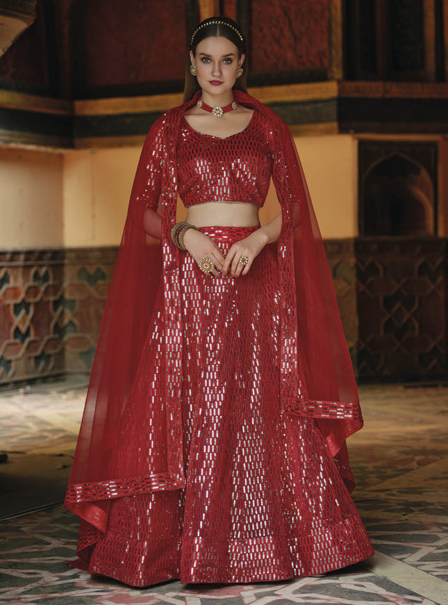 Trendsetting Rust Red Net Sequins Designer Lehenga Choli