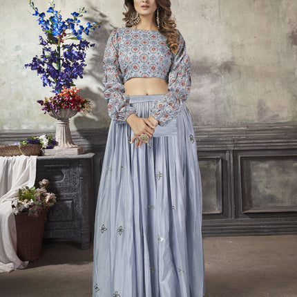 Dazzling Sky Grey Art Silk Sequined Skirt with Crop Top