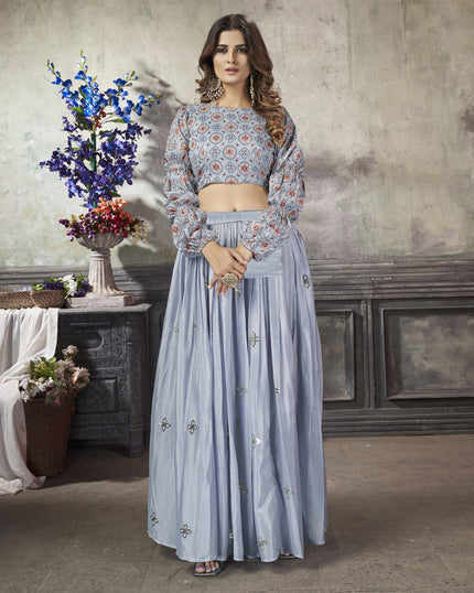 Dazzling Sky Grey Art Silk Sequined Skirt with Crop Top