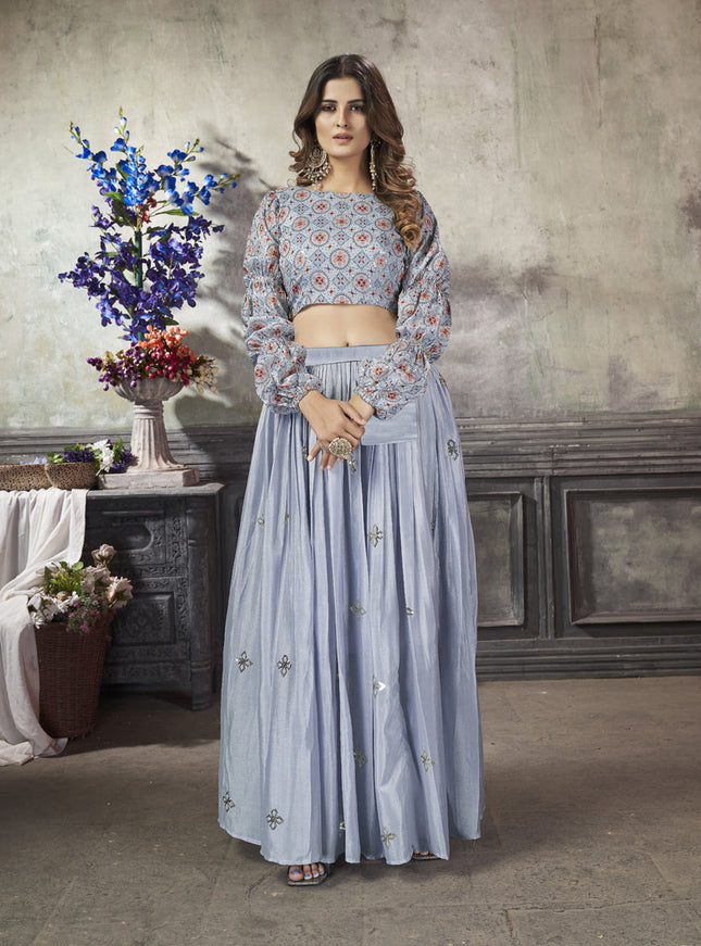Dazzling Sky Grey Art Silk Sequined Skirt with Crop Top