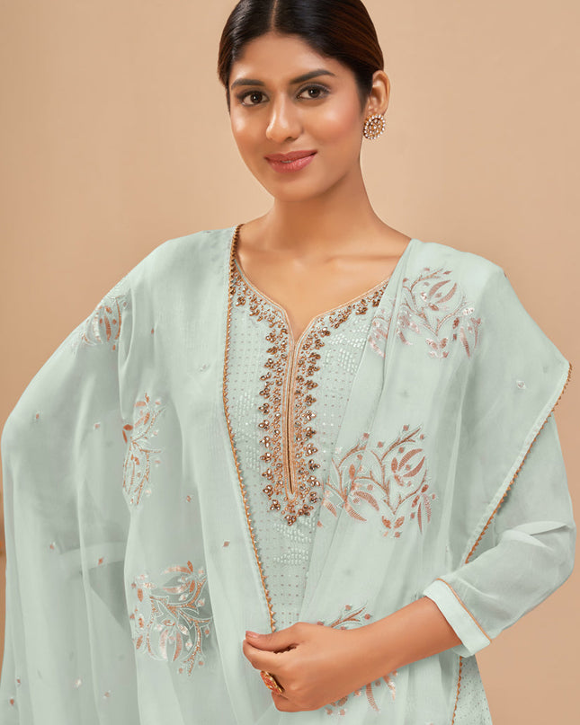 Glamorous Ice Blue Georgette Khatli Work Palazzo Suit