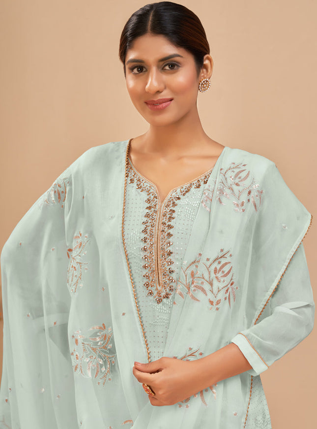 Glamorous Ice Blue Georgette Khatli Work Palazzo Suit