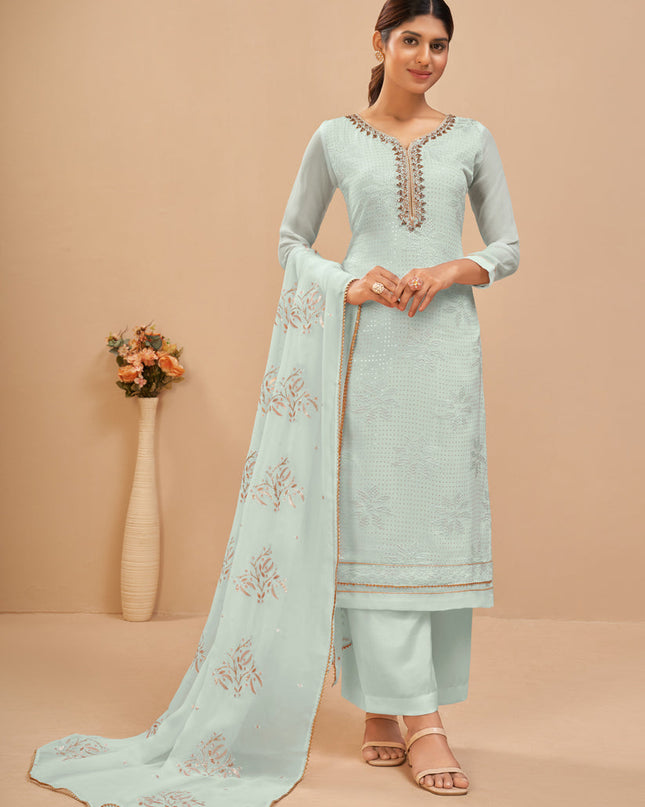 Glamorous Ice Blue Georgette Khatli Work Palazzo Suit