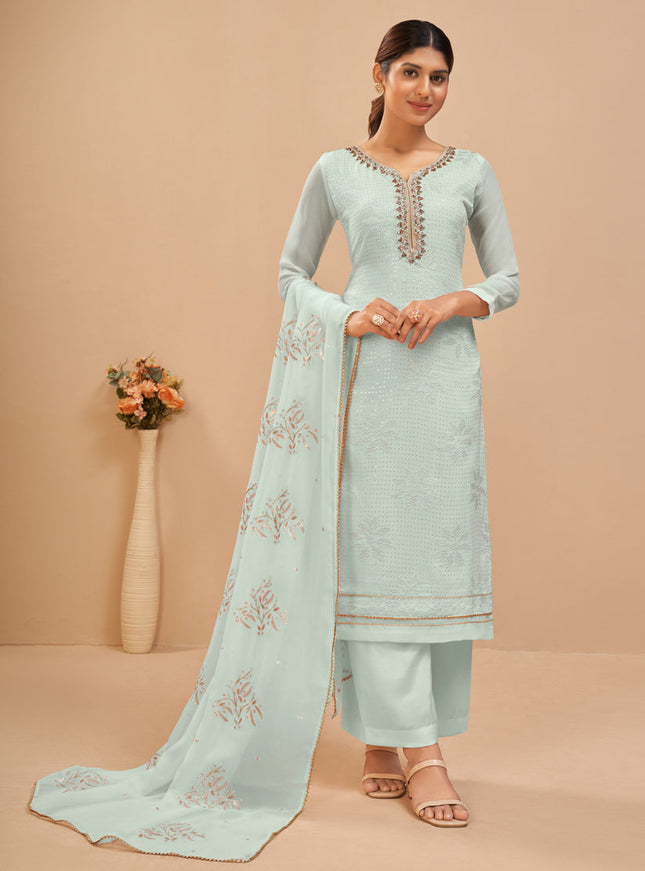 Glamorous Ice Blue Georgette Khatli Work Palazzo Suit