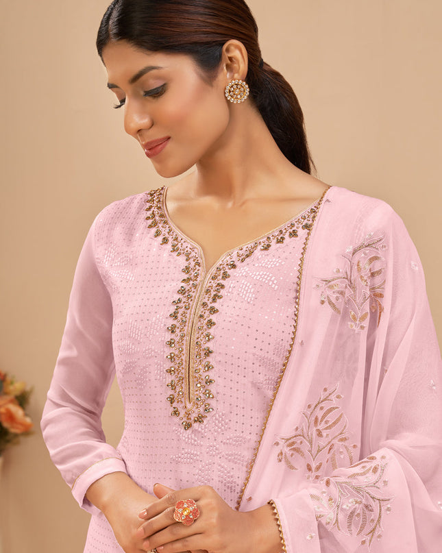 Voguish Baby Pink Georgette Khatli Work Palazzo Suit
