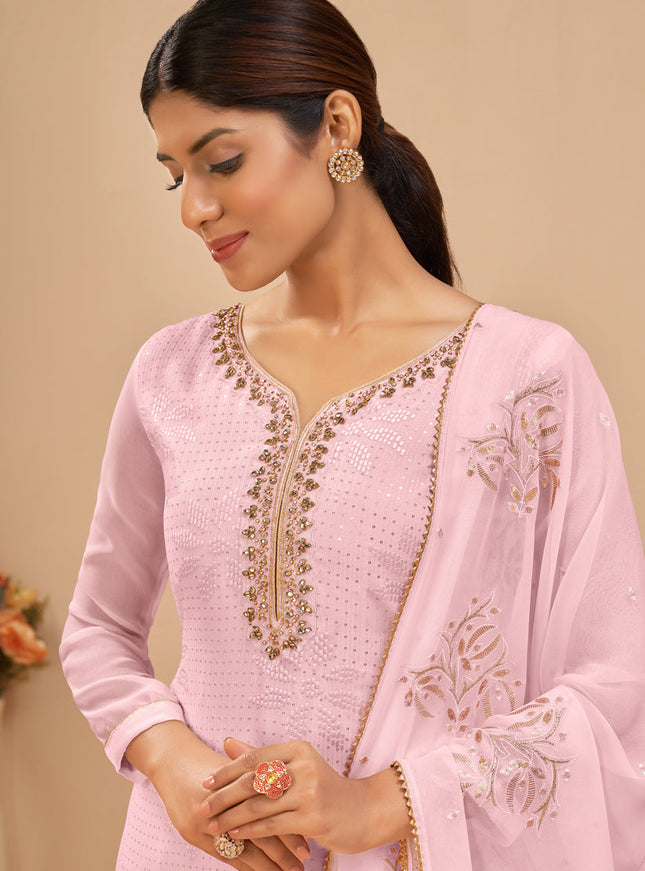 Voguish Baby Pink Georgette Khatli Work Palazzo Suit