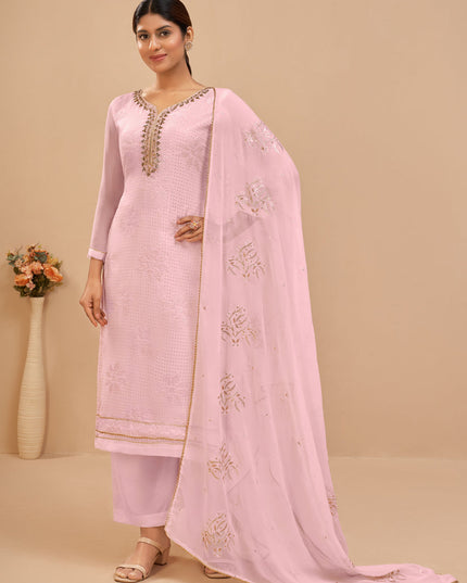 Voguish Baby Pink Georgette Khatli Work Palazzo Suit