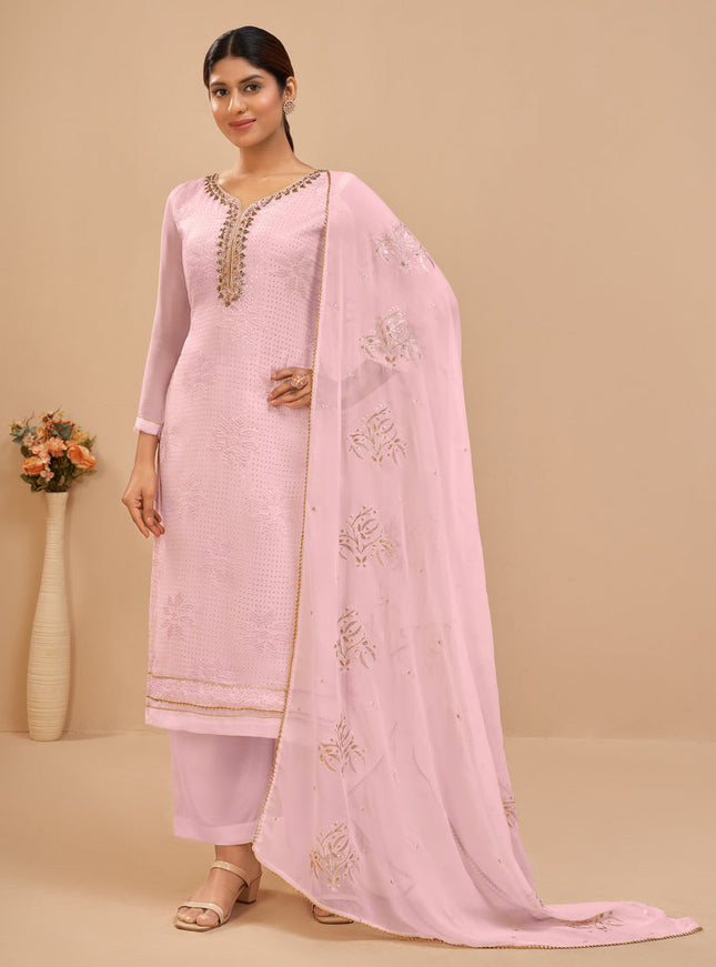 Voguish Baby Pink Georgette Khatli Work Palazzo Suit