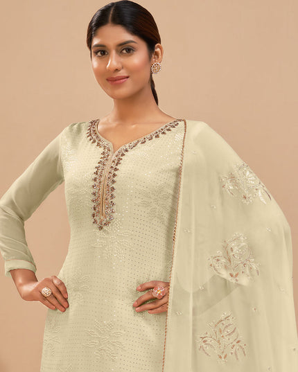 Sophisticated Cream Georgette Khatli Work Palazzo Suit
