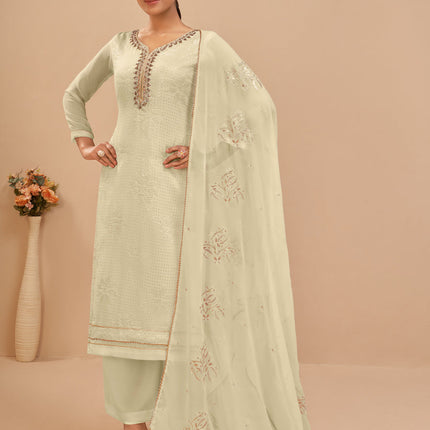 Sophisticated Cream Georgette Khatli Work Palazzo Suit