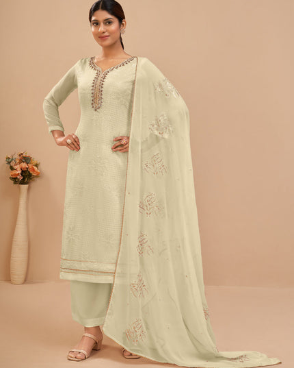 Sophisticated Cream Georgette Khatli Work Palazzo Suit