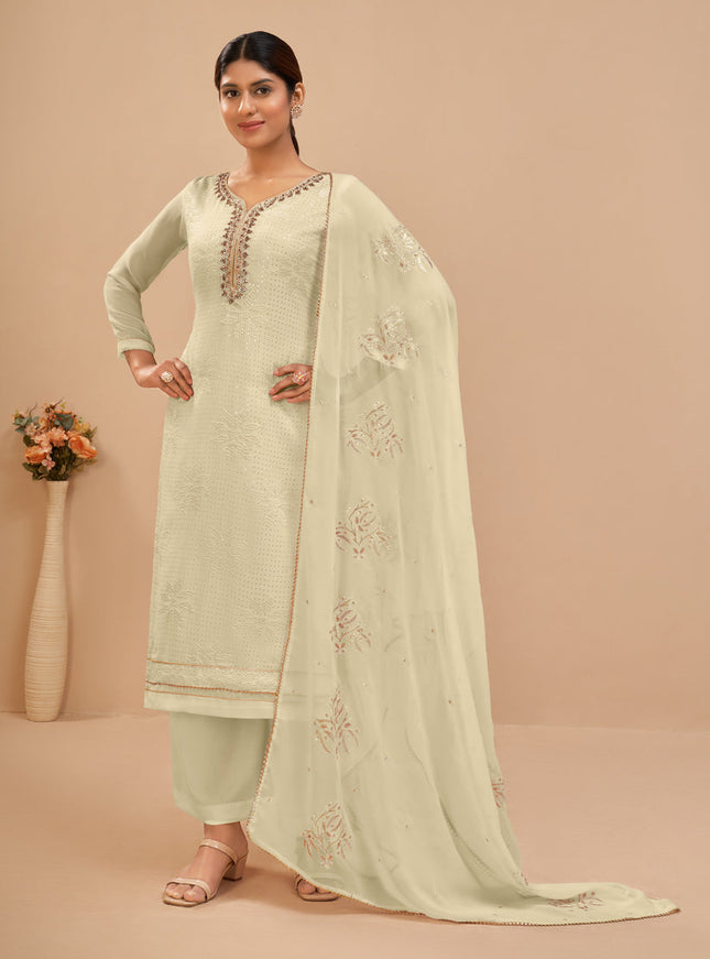 Sophisticated Cream Georgette Khatli Work Palazzo Suit