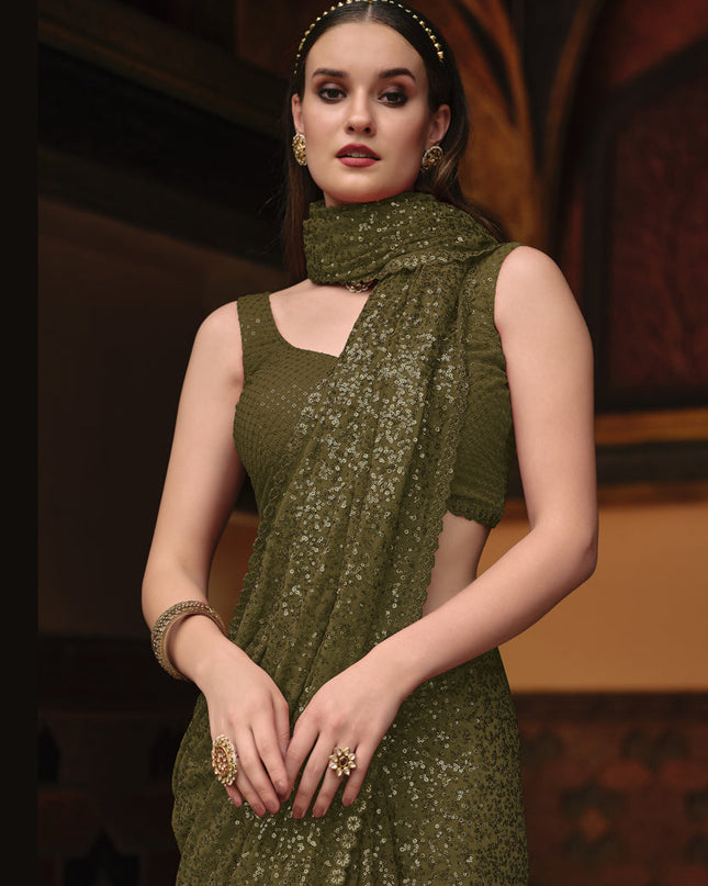 Olive Green Sequined Georgette Party Wear Saree