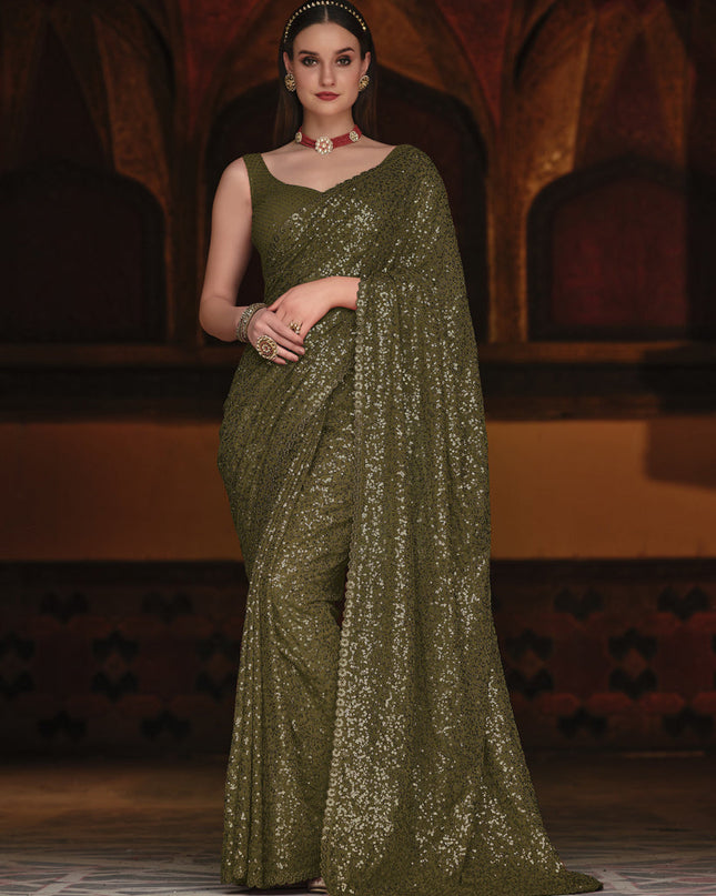 Olive Green Sequined Georgette Party Wear Saree