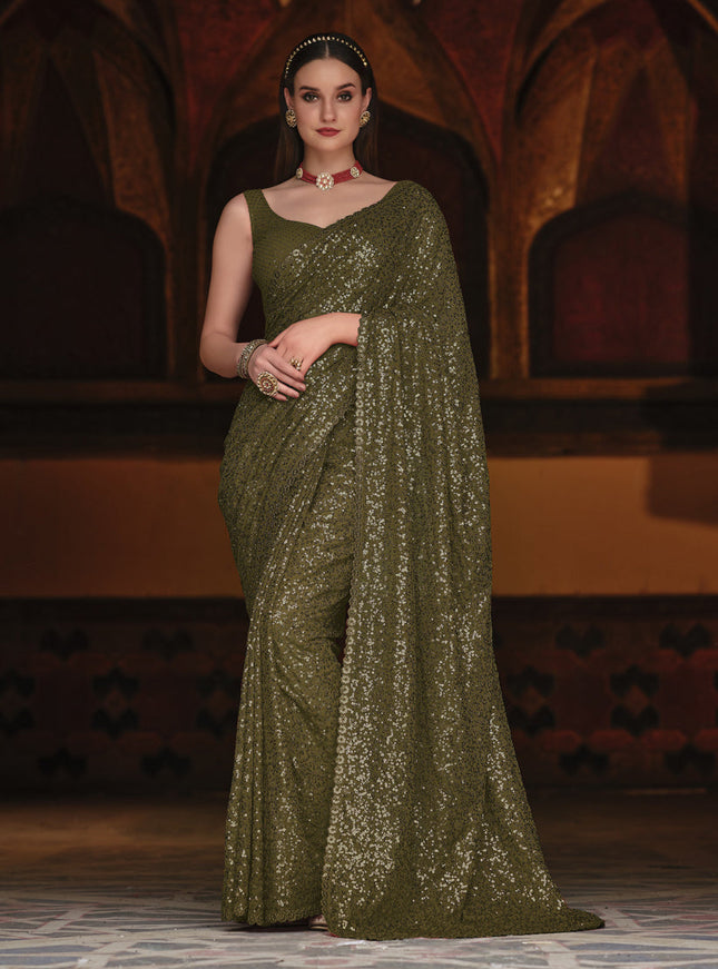 Olive Green Sequined Georgette Party Wear Saree