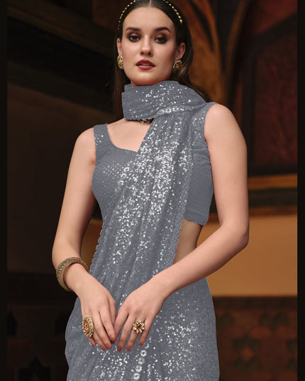 Grey Sequined Georgette Party Wear Saree
