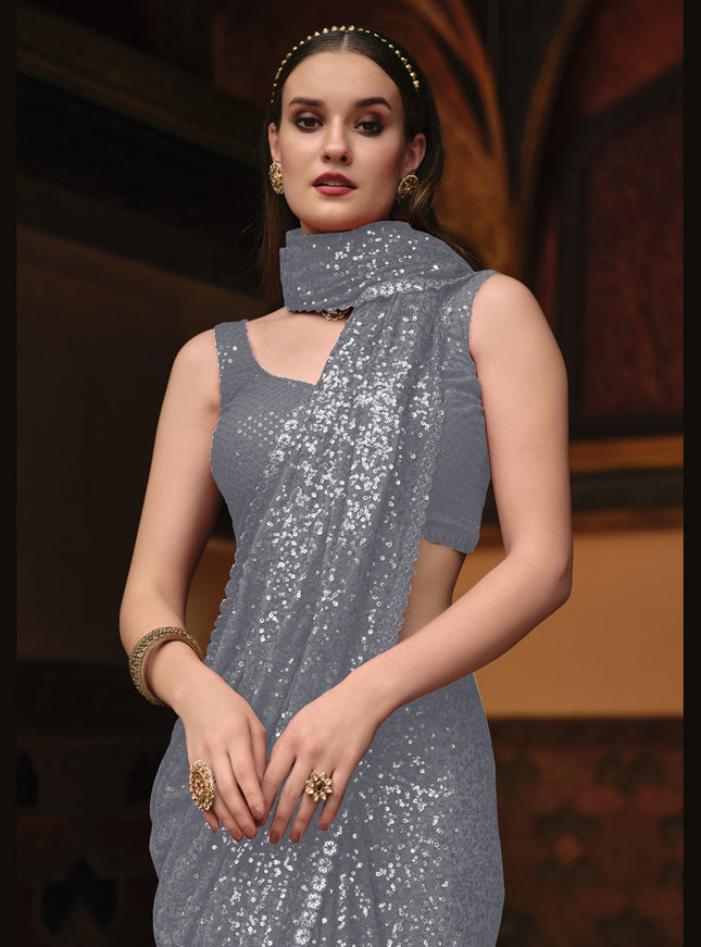 Grey Sequined Georgette Party Wear Saree