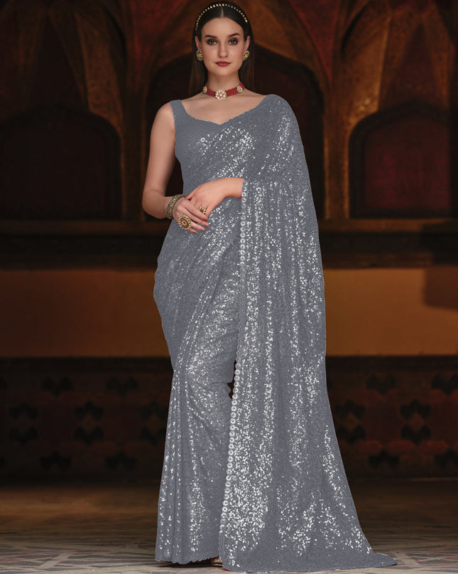Grey Sequined Georgette Party Wear Saree
