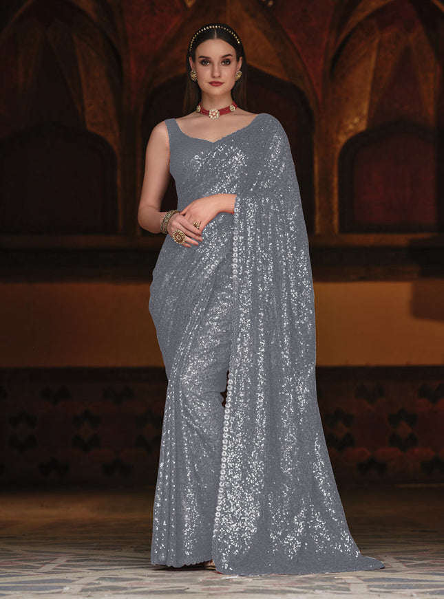 Grey Sequined Georgette Party Wear Saree