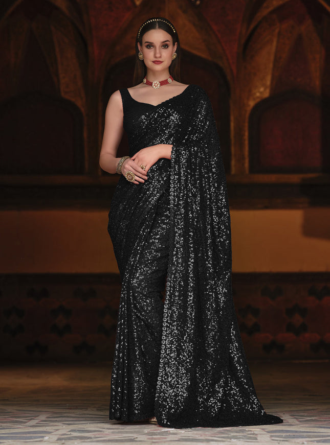 Black Sequined Georgette Party Wear Saree