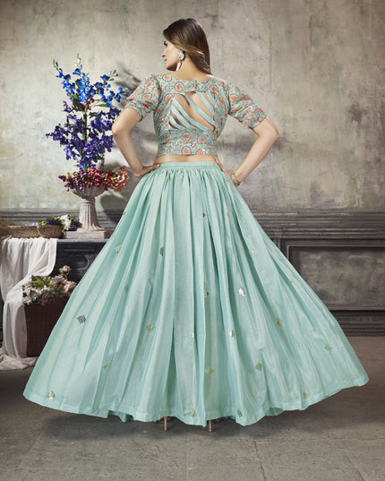 Unique Mint Blue Art Silk Sequined Skirt with Crop Top