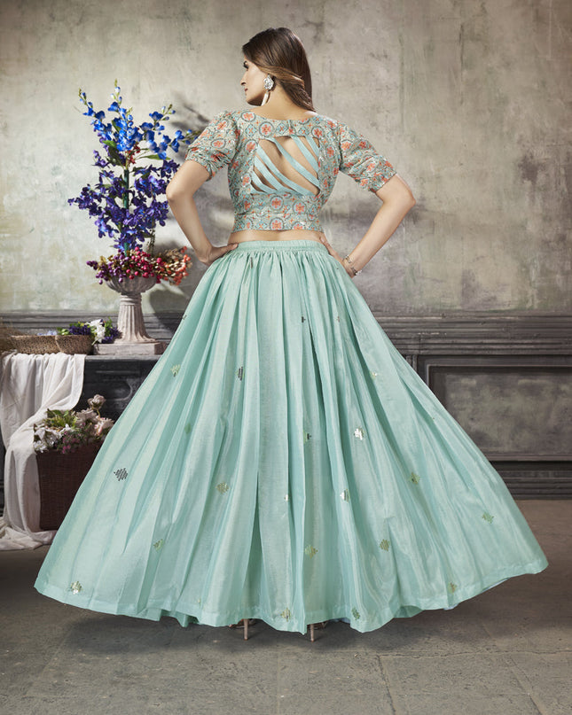 Unique Mint Blue Art Silk Sequined Skirt with Crop Top