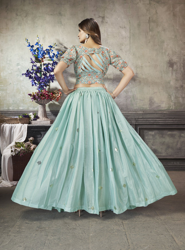 Unique Mint Blue Art Silk Sequined Skirt with Crop Top