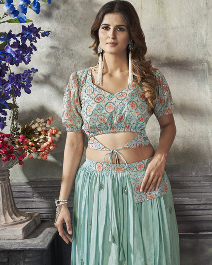 Unique Mint Blue Art Silk Sequined Skirt with Crop Top