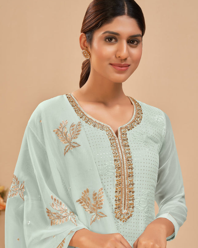 Gorgeous Ice Blue Georgette Khatli Work Palazzo Suit