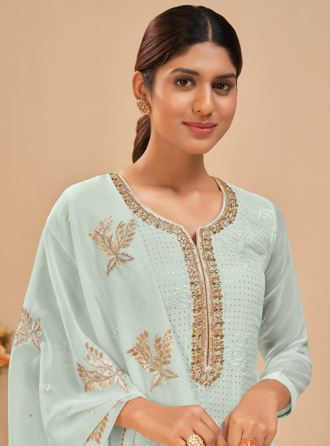 Gorgeous Ice Blue Georgette Khatli Work Palazzo Suit