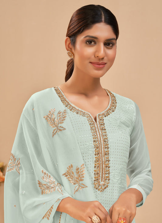 Gorgeous Ice Blue Georgette Khatli Work Palazzo Suit