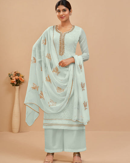 Gorgeous Ice Blue Georgette Khatli Work Palazzo Suit