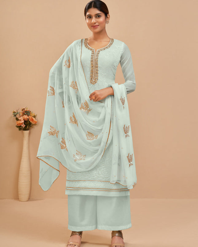 Gorgeous Ice Blue Georgette Khatli Work Palazzo Suit