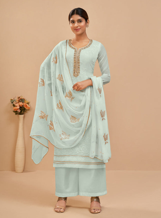 Gorgeous Ice Blue Georgette Khatli Work Palazzo Suit