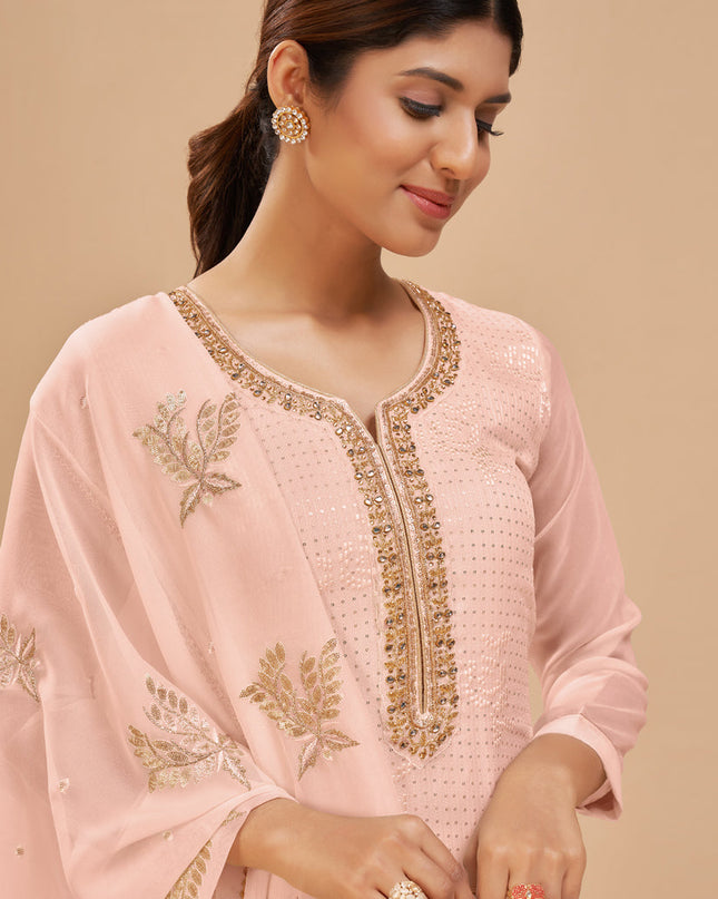 Elegant Blush Peach Georgette Khatli Work Palazzo Suit