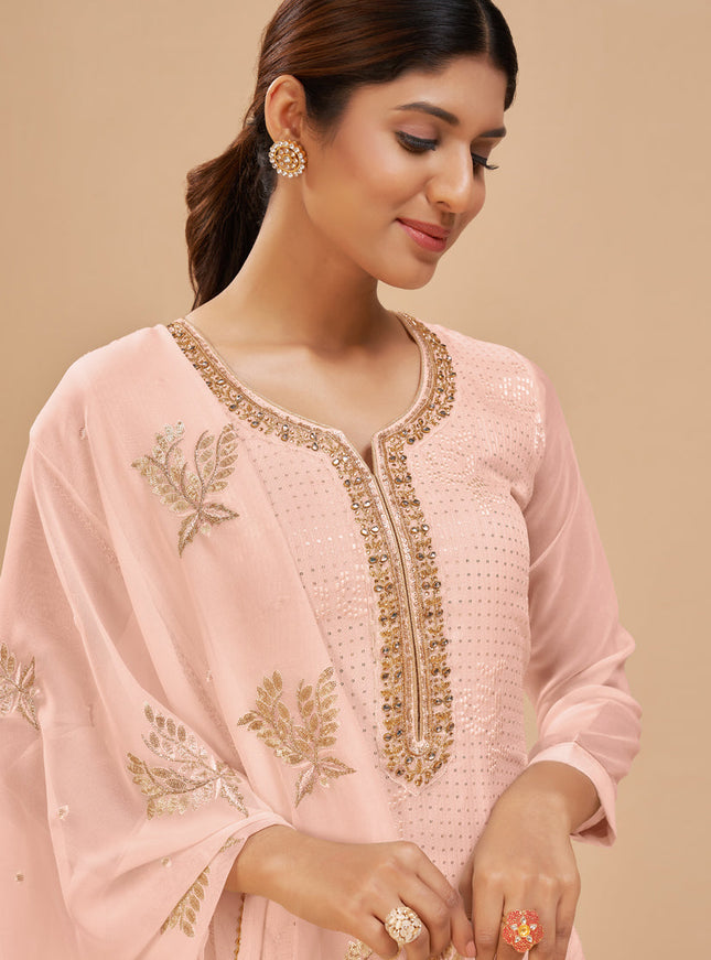 Elegant Blush Peach Georgette Khatli Work Palazzo Suit
