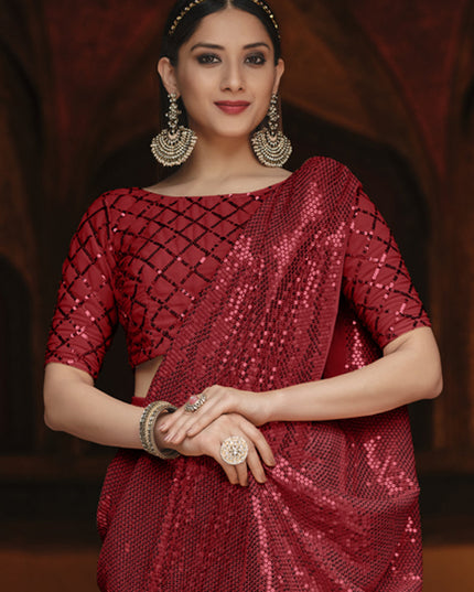 Beautiful Cherry Red Georgette Sequins Party Wear Saree