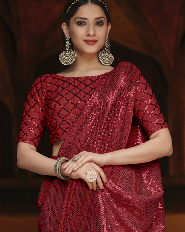 Beautiful Cherry Red Georgette Sequins Party Wear Saree