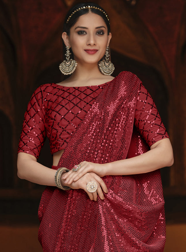 Beautiful Cherry Red Georgette Sequins Party Wear Saree