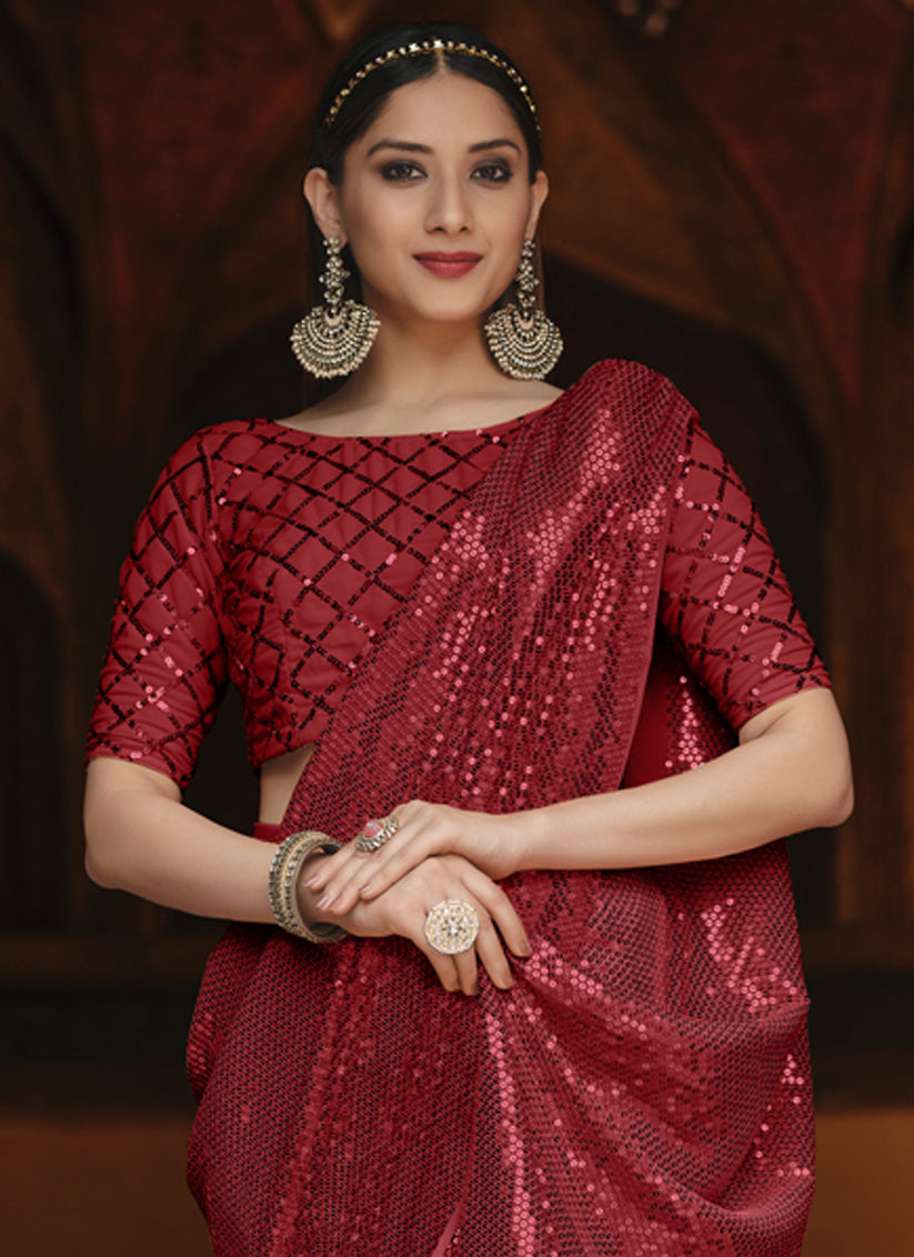 Beautiful Cherry Red Georgette Sequins Party Wear Saree