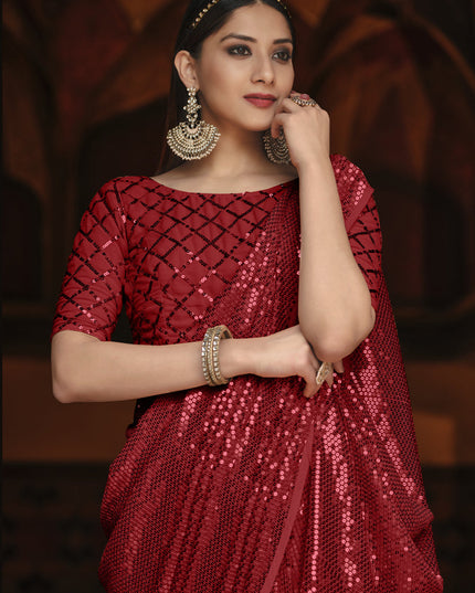 Beautiful Cherry Red Georgette Sequins Party Wear Saree